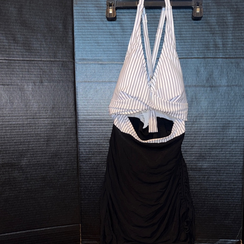 White and black Striped Halter Top swim suit dress